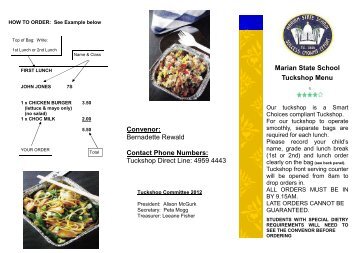 Tuckshop menu - Marian State School