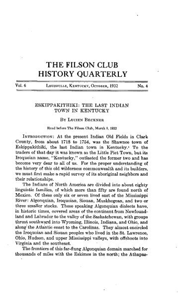 Eskippakithiki, The Last Indian Town in Kentucky - The Filson ...