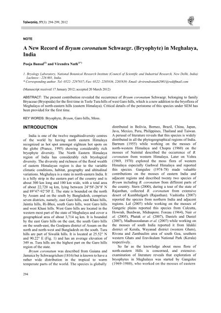 A New Record of Bryum coronatum Schwaegr. (Bryophyte) in ...