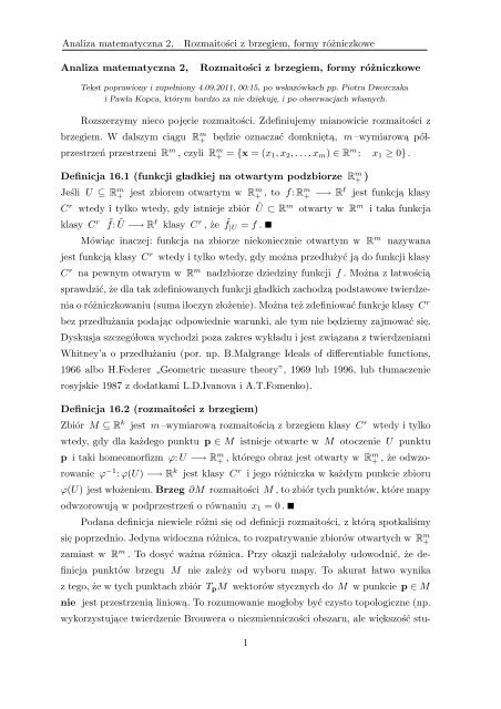 Analiza matematyczna 2, Rozmaitosci z brzegiem, formy ró ...