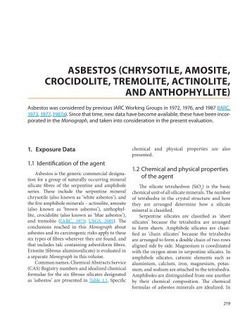 asbestos (chrysotile, amosite, crocidolite, tremolite, actinolite - IARC ...