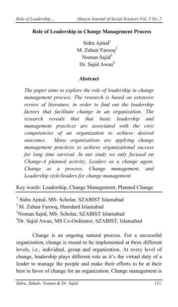 Role of Leadership in Change Management Process Sidra Ajmal M ...