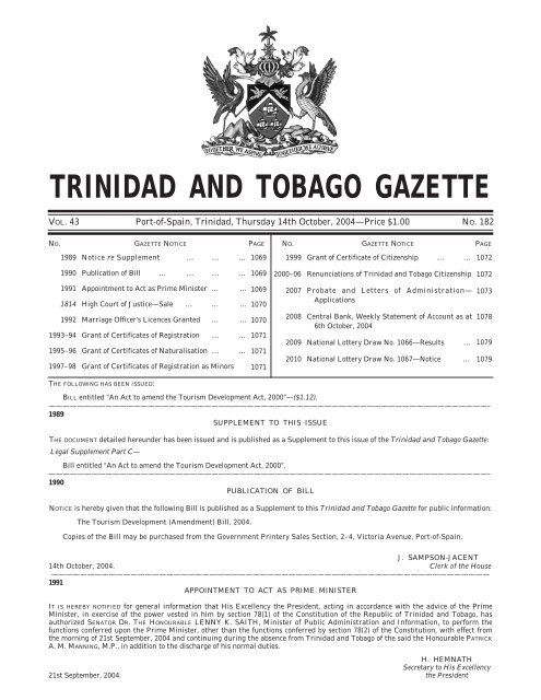 Gazette No. 182 of 2004.pdf - Trinidad and Tobago Government News