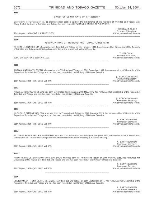 Gazette No. 182 of 2004.pdf - Trinidad and Tobago Government News