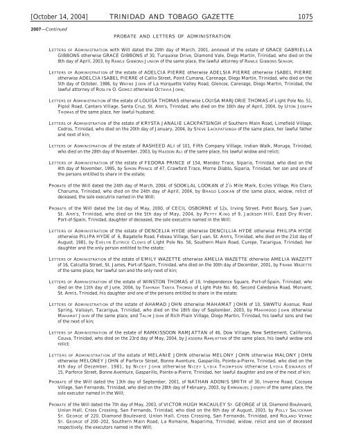 Gazette No. 182 of 2004.pdf - Trinidad and Tobago Government News