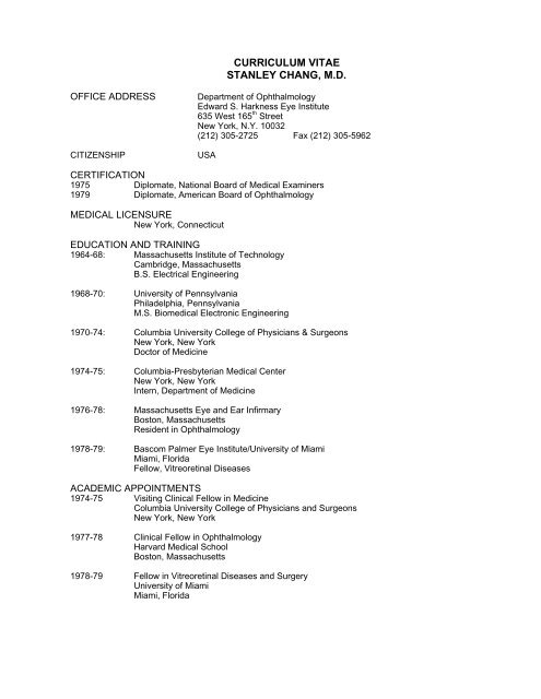 curriculum vitae stanley chang, md - Columbia University Medical ...