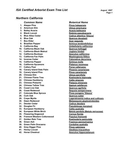 ISA Certified Arborist Exam Tree List Northern California