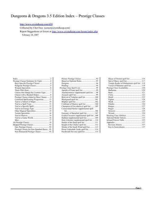 3.5 Index - Classes - Prestige - Chet Erez's d20 Index Files