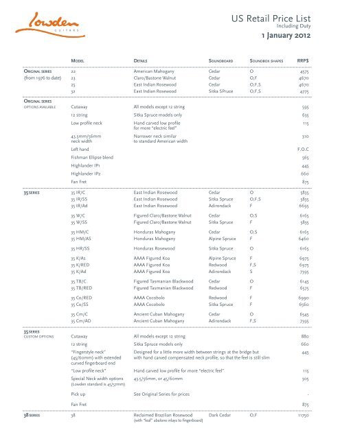 Lowden guitars price list deals