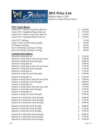 Fodera Price List 2011