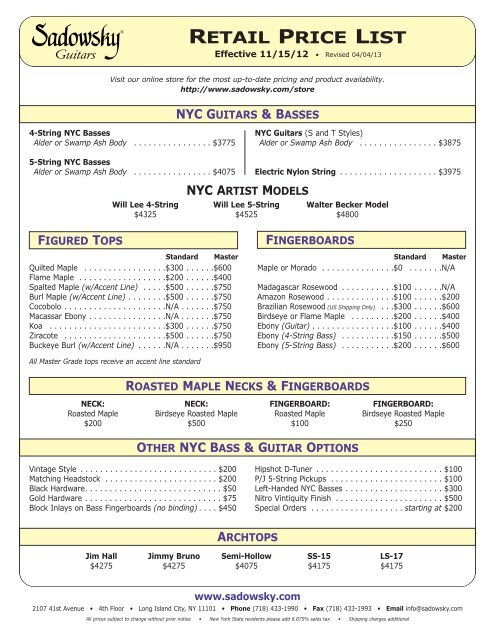 RETAIL PRICE LIST - Sadowsky Guitars