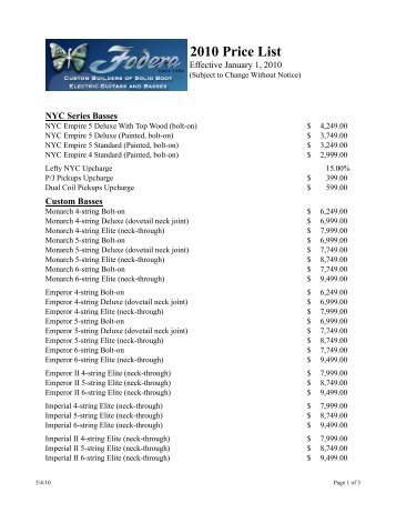 2010 Fodera Price List