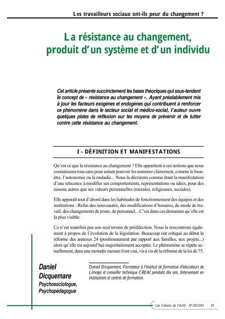 La résistance au changement, produit d'un système et d'un ... - ACTIF