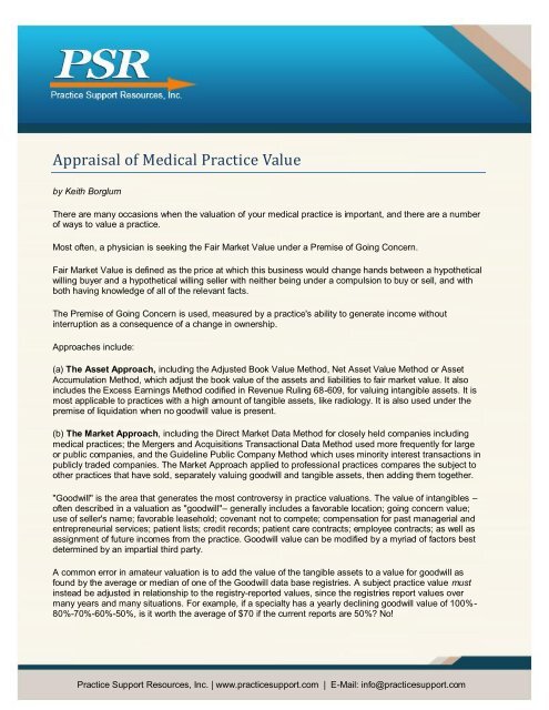 Appraisal of Medical Practice Value - Practice Support Resources