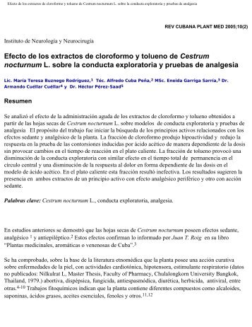 Efecto de los extractos de cloroformo y tolueno de Cestrum ...