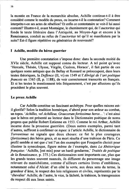 Achille, Ou du modèle et de sa contestation Dans les textes en ...