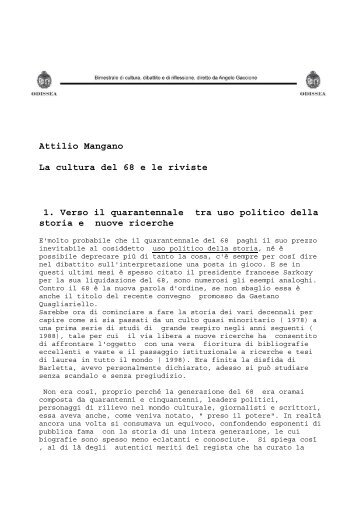 Attilio Mangano La cultura del 68 e le riviste 1. Verso il ... - Odissea