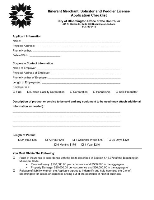 Itinerant Merchant's License Application - City of Bloomington
