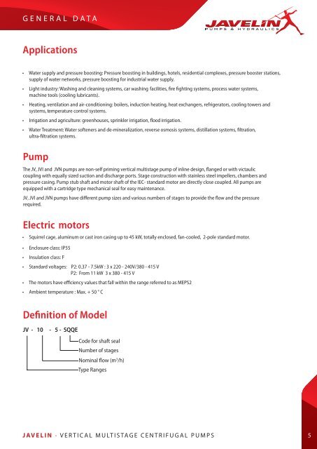 JV, JVI, JVN Vertical Multistage Centrifugal Pump ... - Javelin Pumps