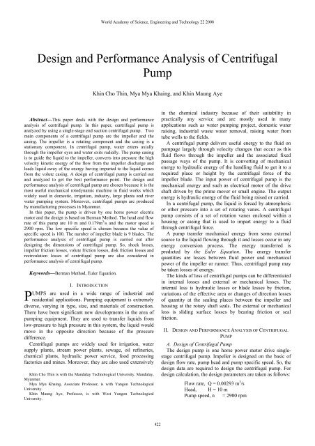 Design and Performance Analysis of Centrifugal Pump