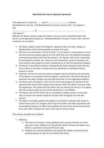 Bloomfield Farm Horse Agistment Agreement This Agreement is ...