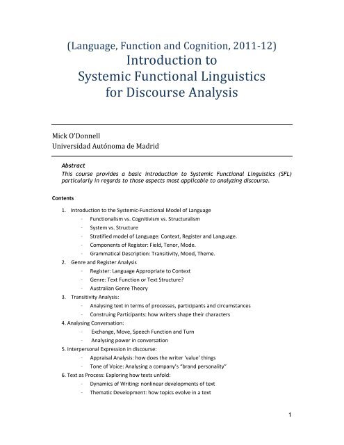 Introduction to Systemic Functional Linguistics for Discourse Analysis