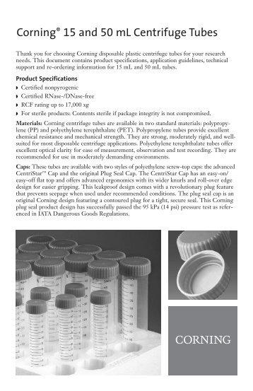 Corning® 15 and 50 mL Centrifuge Tubes - Corning Incorporated