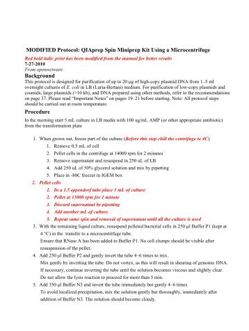 MODIFIED Protocol: QIAprep Spin Miniprep Kit Using a ...