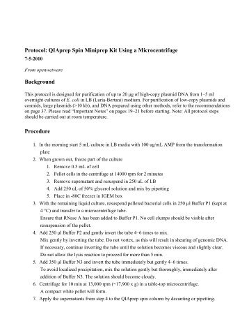 Protocol: QIAprep Spin Miniprep Kit Using a Microcentrifuge ...