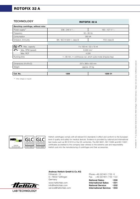 Hettich Rotofix 32 A Benchtop Centrifuge