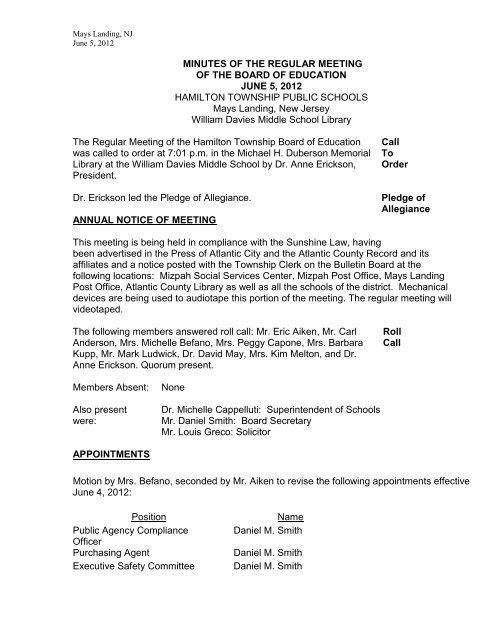 minutes of the regular meeting of the board of education - Hamilton ...