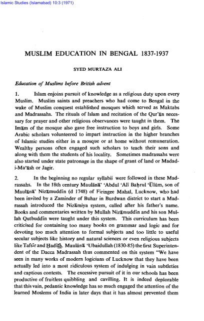 MUSLIM EDUCATION IN BENGAL 1837-1937