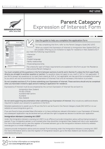 Parent Category Expression of Interest Form (INZ 1202)