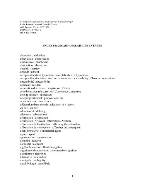 Vocabulaire technique et analytique de l'épistémologie