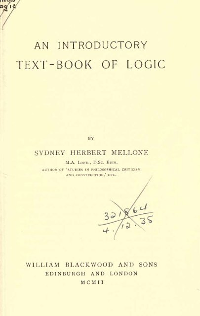 An introductory text-book of logic - Mellone, Sydney - Rare Books at ...