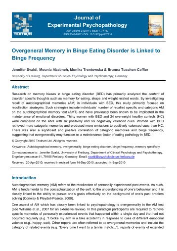 Journal Of Experimental Psychopathology Overgeneral Memory In