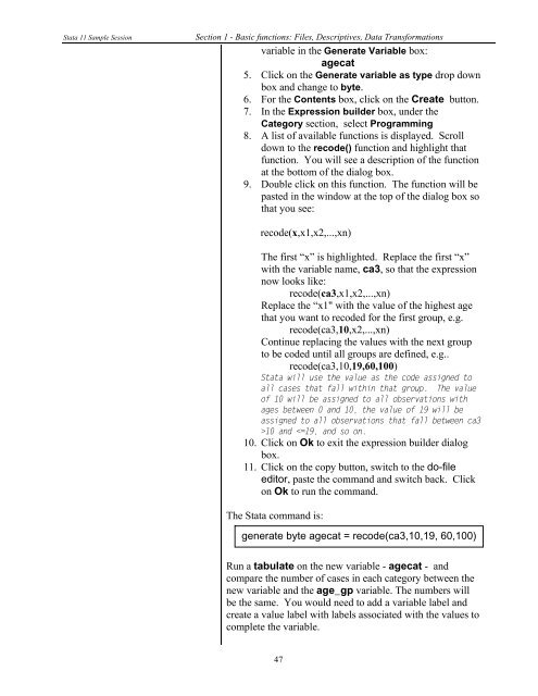 STATA 11 for Windows SAMPLE SESSION - Food Security Group ...