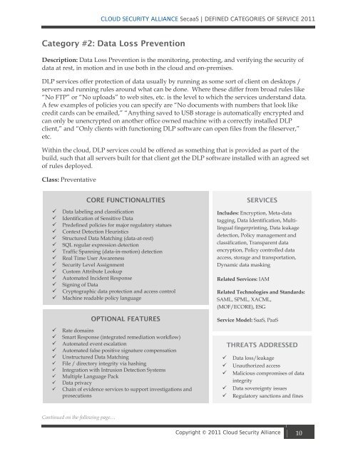 Defined Categories of Service 2011 - Cloud Security Alliance