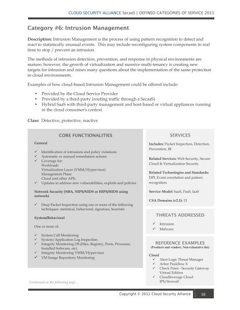 Defined Categories of Service 2011 - Cloud Security Alliance