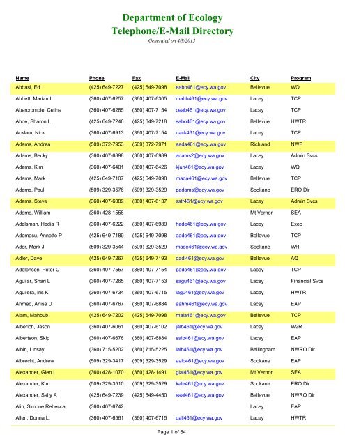 Department Of Ecology Telephone E Mail Directory