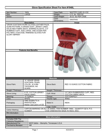 Glove Specification Sheet For Item #1940L