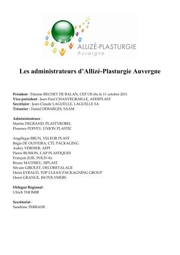 Les administrateurs d'Allizé-Plasturgie Auvergne - Filiere-plasturgie ...