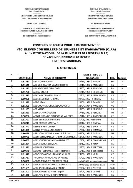 liste des candidats e - Ministère de la Fonction Publique et de la