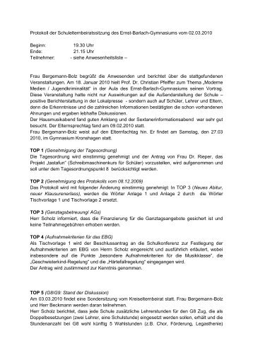 Protokoll der Schulelternbeiratssitzung des Ernst-Barlach ...