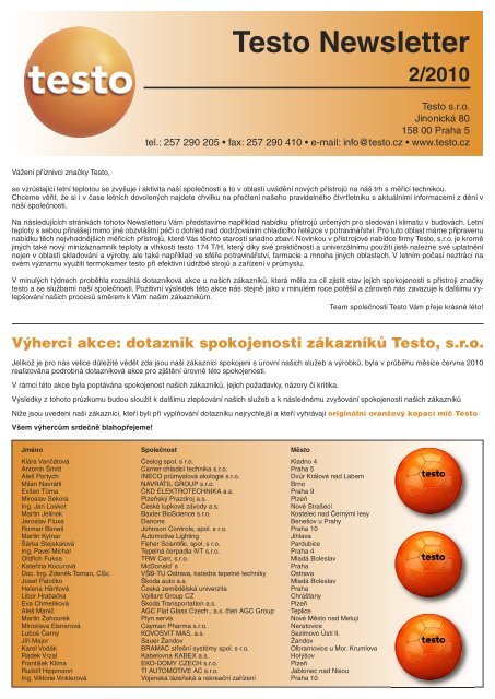 Výherci akce: dotazník spokojenosti zákazníků Testo, sro