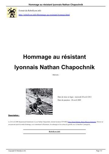 Hommage au résistant lyonnais Nathan Chapochnik - Rebellyon