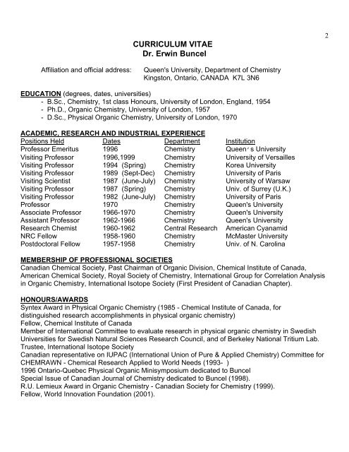 CURRICULUM VITAE Dr. Erwin Buncel - Department of Chemistry ...