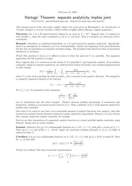 Hartogs' Theorem: separate analyticity implies joint