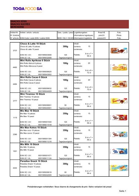 SNACKS SÜSS SNACKS SUCRÉS MERENDINE ... - TOGA FOOD SA