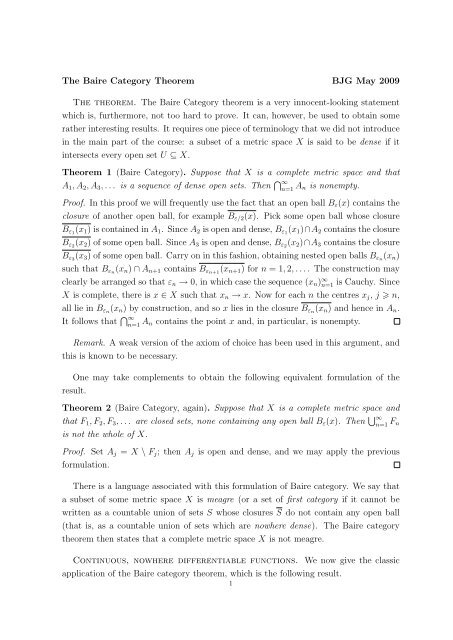 The Baire Category Theorem BJG May 2009 The theorem. The ...